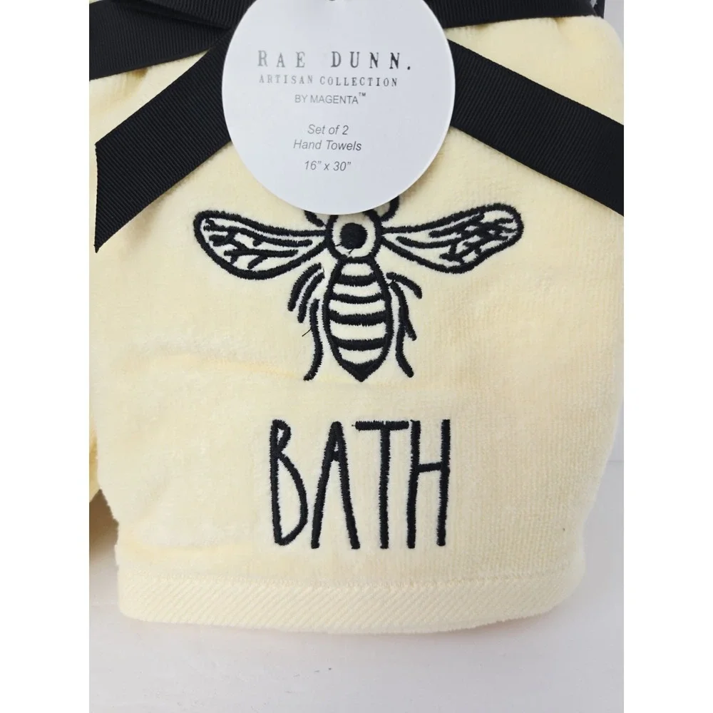 Rae Dunn Yellow Black Wash Cloths x6 + Hand Towel bee NEW